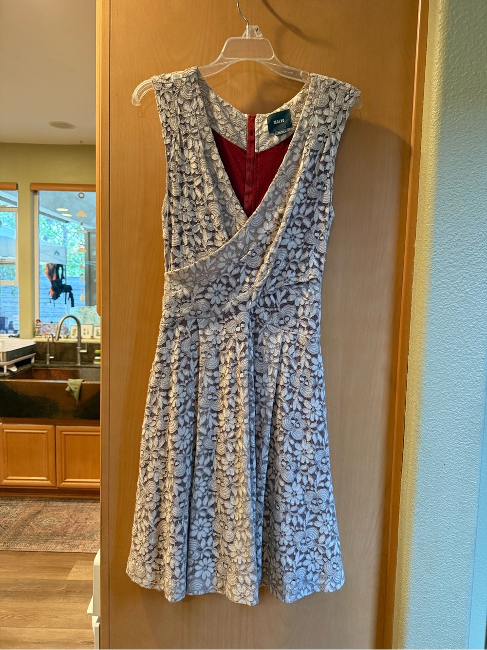Anthropologie Maeve Brushed Lace Fit & Flare Dress Cream w/ Red Lining Size S